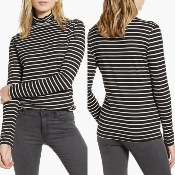 Ag Adriano Goldschmied Tops - Adriano Goldschmied Knits "Chels" Stripe Turtleneck Black White, Women's Size XS